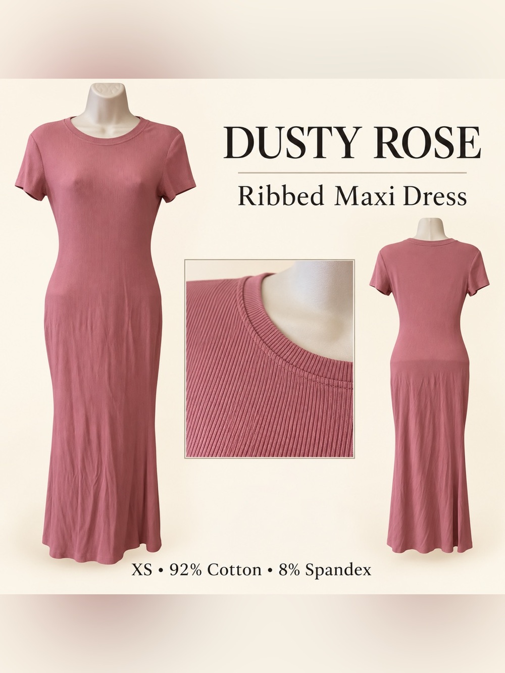 Dusty Rose Mauve Ribbed Maxi Dress XS Cotton Stretch Short Sleeve Bodycon